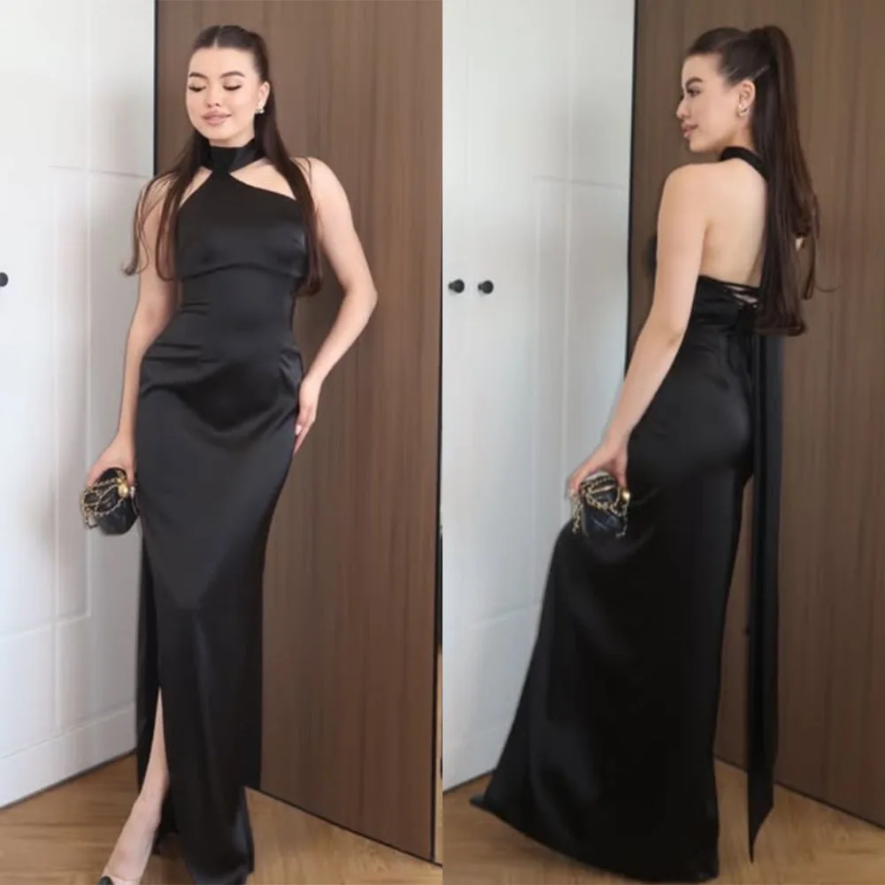 

High Quality Customized Floor Length Halter Backless High Fork Vestido De Festa De Casamento Dresses for Women Party Vestido