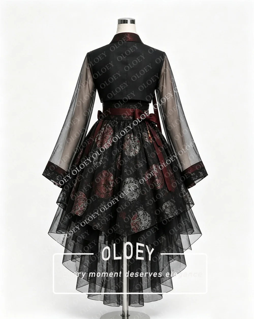 OLOEY Black Burgundy Modern Hanbok Jeogori Set Cross V Neck Top Asymmetrical High Low Skirt Circular Pattern Print Customized