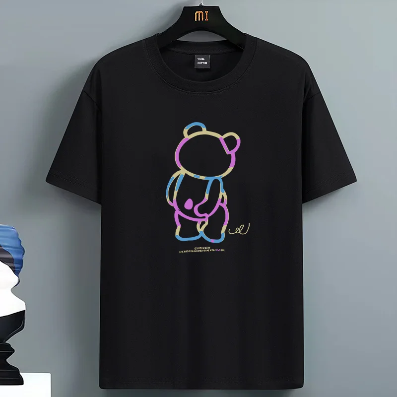 

For Men's Summer 100 Cotton Fashionable Casual Loose Large Size T-shirt With Colorful Bear Printed Round Neck Short Sleeve Top