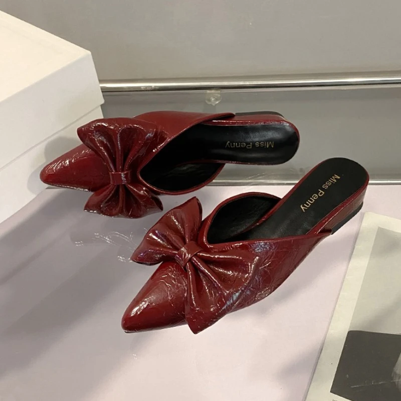 

Designer Butterfly-knot Women Mules Slippers Fashion Cover Toe Thick Heel Slide 2026 Spring Ladies Elegant Evening Party Shoes