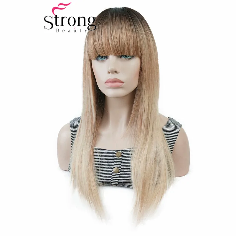 StrongBeauty Long Straight Ombre Blonde Color Swept Bangs Full Synthetic Wig COLOUR CHOICES