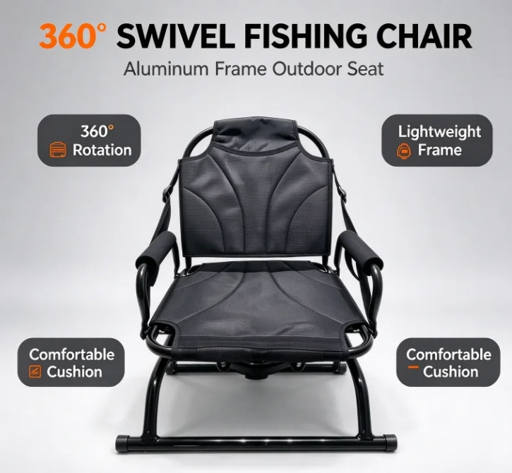 360 Swivel Aluminum Fishing Seat Kayak Canoe SUP Cushion Backrest Portable Outdoor Angler Chair Pontoon Raft Marine Deck Mount