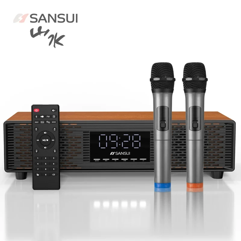 30W Wooden Home Theatre Speaker System Wireless Microphone Karaoke Bluetooth Speakers 3D Stereo TV Computer Clock Sound Box P500