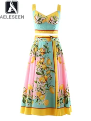 AELESEEN 2022 Summer Sicily Skirt Set Women Blue Lemon Print Crop Short Top + High Waist Full Skirt Holiday 2 Pieces Set