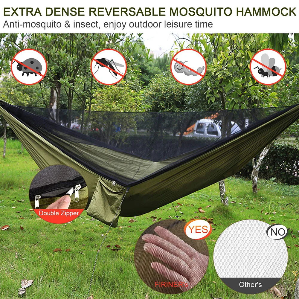 Hamaca para acampar al aire libre con lona de mosca de lluvia y mosquitera, tienda de campaña con correas de árbol, hamaca de paracaídas de nailon