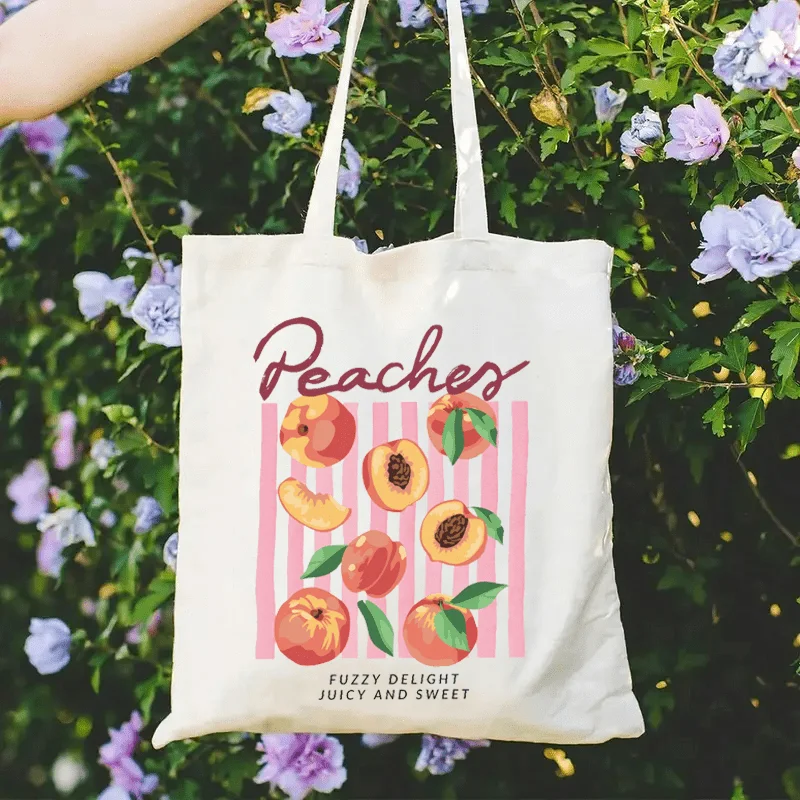 

Chic Peach Cartoon Canvas Tote Bag for Women - Stylish & Durable, Machine Washable, Perfect for Everyday Use, Casual Carryall|Pl