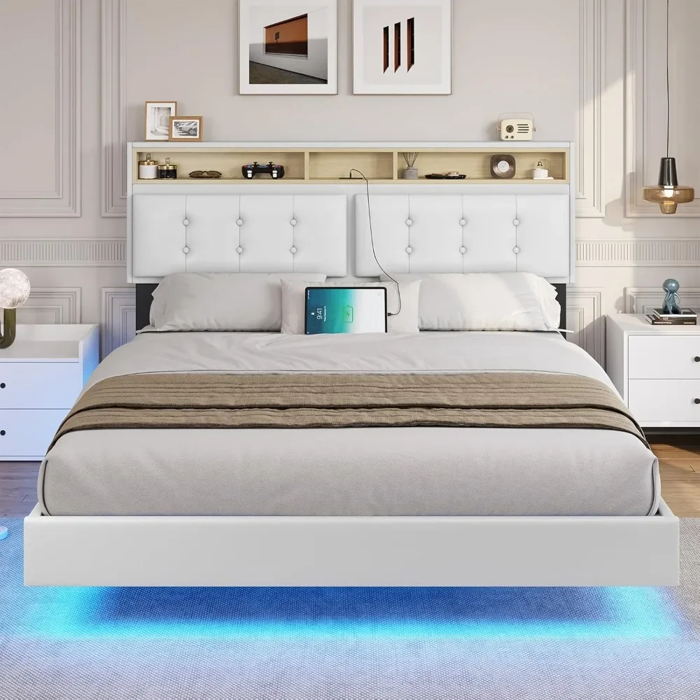 Queen Bed Frame with Led Lights & USB Ports，Storage and Tufted Buttons Headboard,No Box Spring Needed，Floating Bed Frame