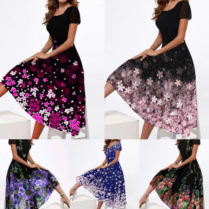 Women Dresses 2026 Square collar short-sleeve positioning multi-color floral printed mid-calf dresses women's clothing vestidoes