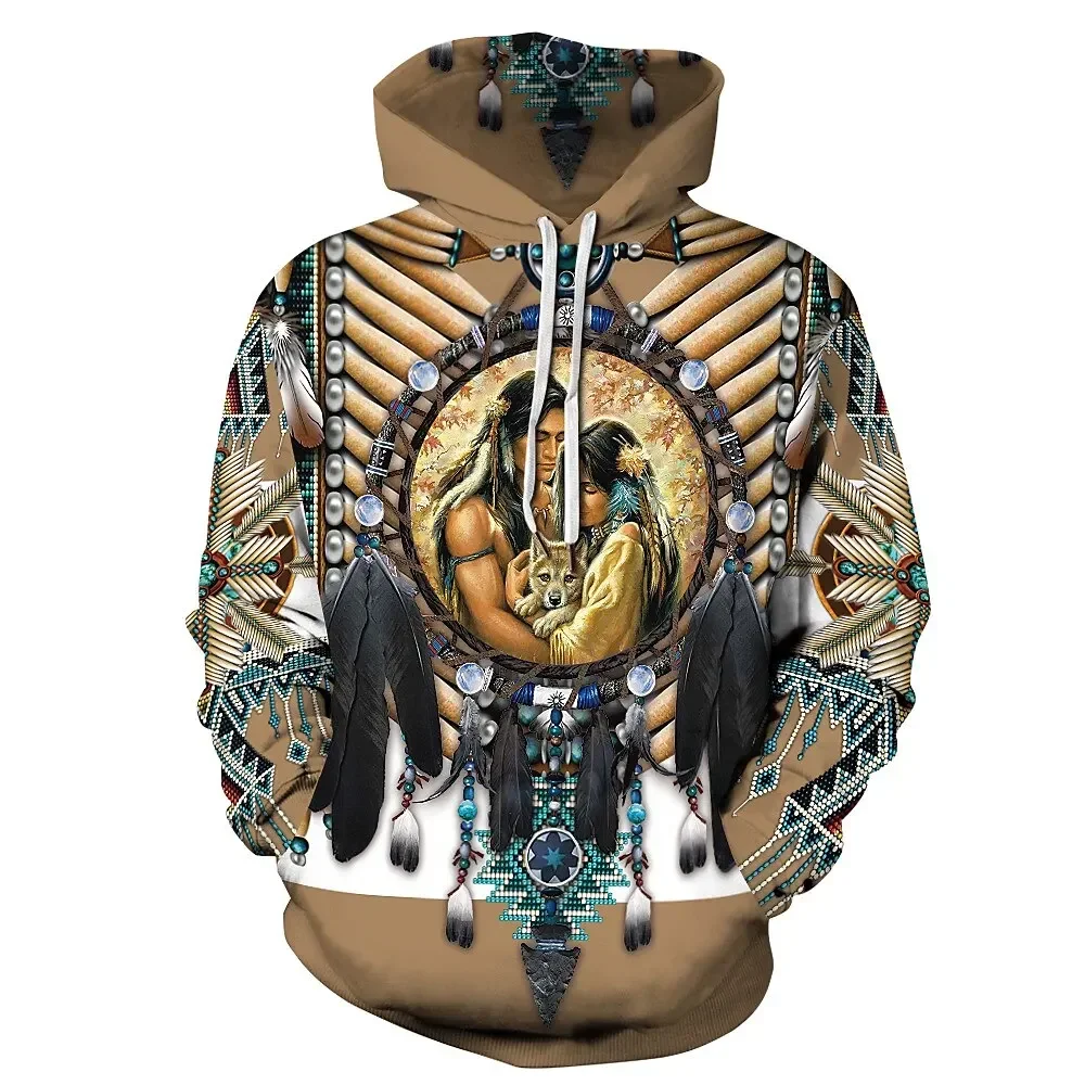 Vintage Hoodie For Men Indian Print Men‘S Hoodies Street Designer Long Sleeved Loose Oversized Sweater High Quality Men Clothing