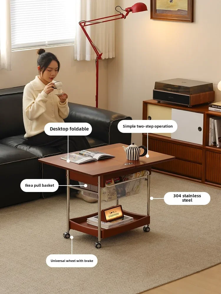 retro solid wood folding coffee table removable trolley folding edge living room tea table