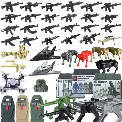 Military Building Blocks US Solider Figure M4 Gun Vest Special Force Waffen Accessories Printed Box Machine Dog Drone Bricks Toy