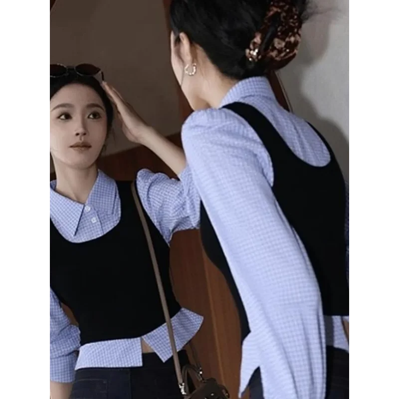 

Autumn Unique Chic Soft Korean Style Black Knitted Vest Fake Two-piece for Women