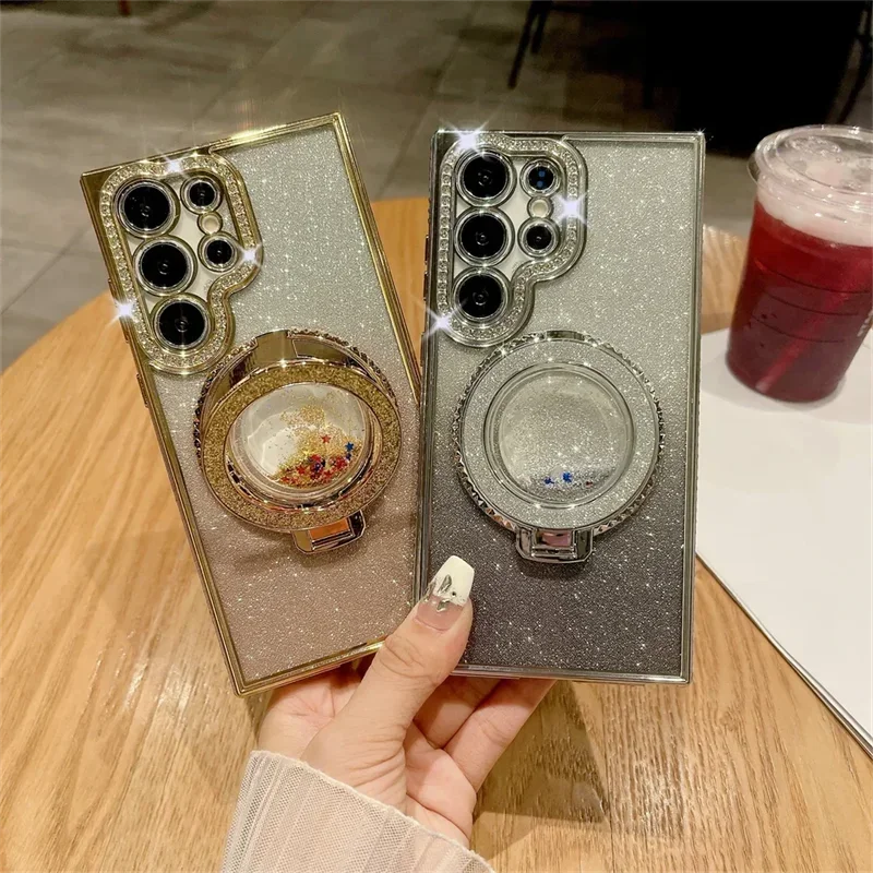 S24Ultra Case Diamond Glitter Quicksand Magnetic Bracket Stand Case for Samsung Galaxy S24 S22 S23 S25 Ultra Plus Gradient Cover