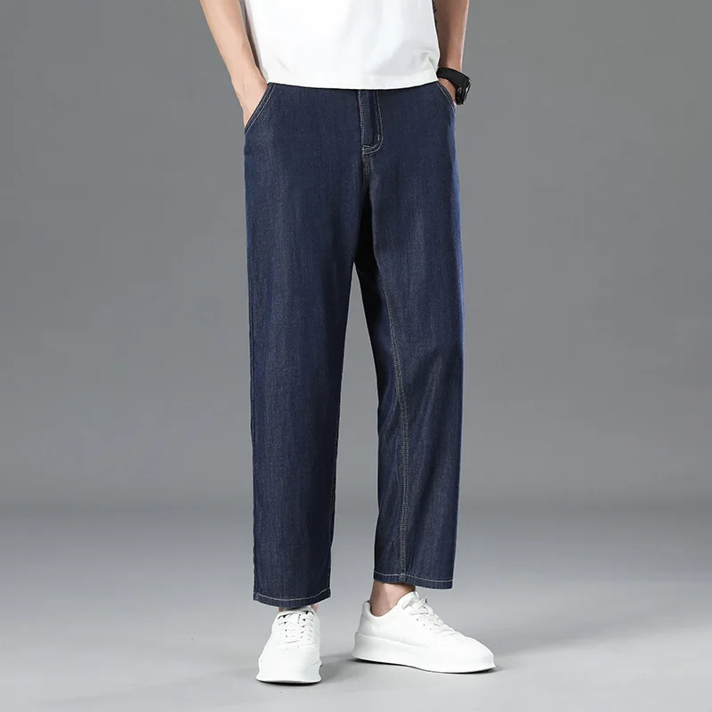 Summer Fade-Resistant Tencel Stretch Loose Wide Straight 8/10 Length Jeans Men's Premium Casual Trousers。