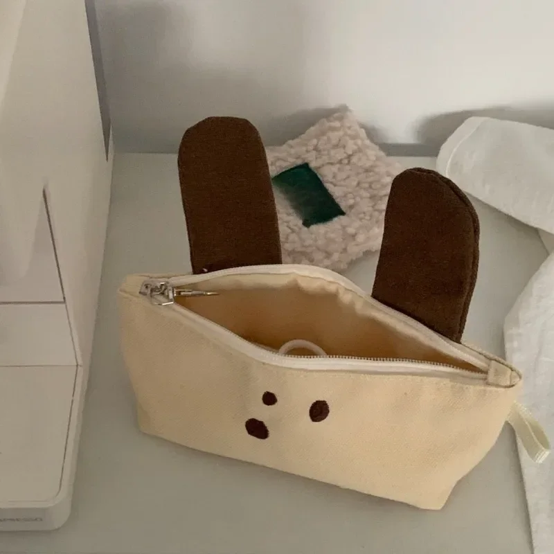 Cute Dog Canvas Pencil Bag Large Capacity Zipper Stationery Pouch Multi-function Storage Bag