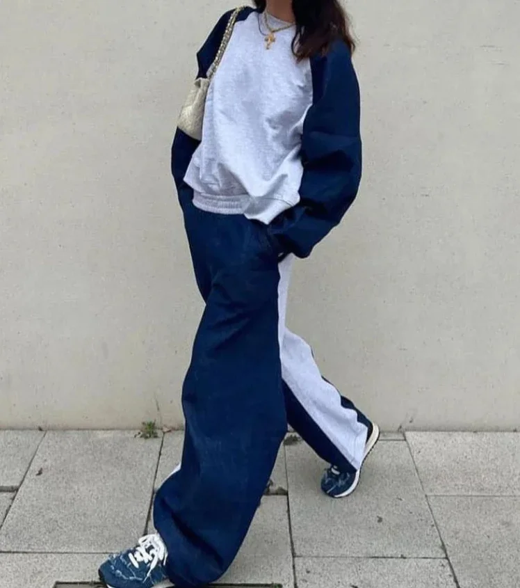 Women's Loose Gray Blue Color Contrast Long-Sleeved Button Decorative Sweat Suit Casual Fashionable Wide-Leg Pants Two-Piece Set