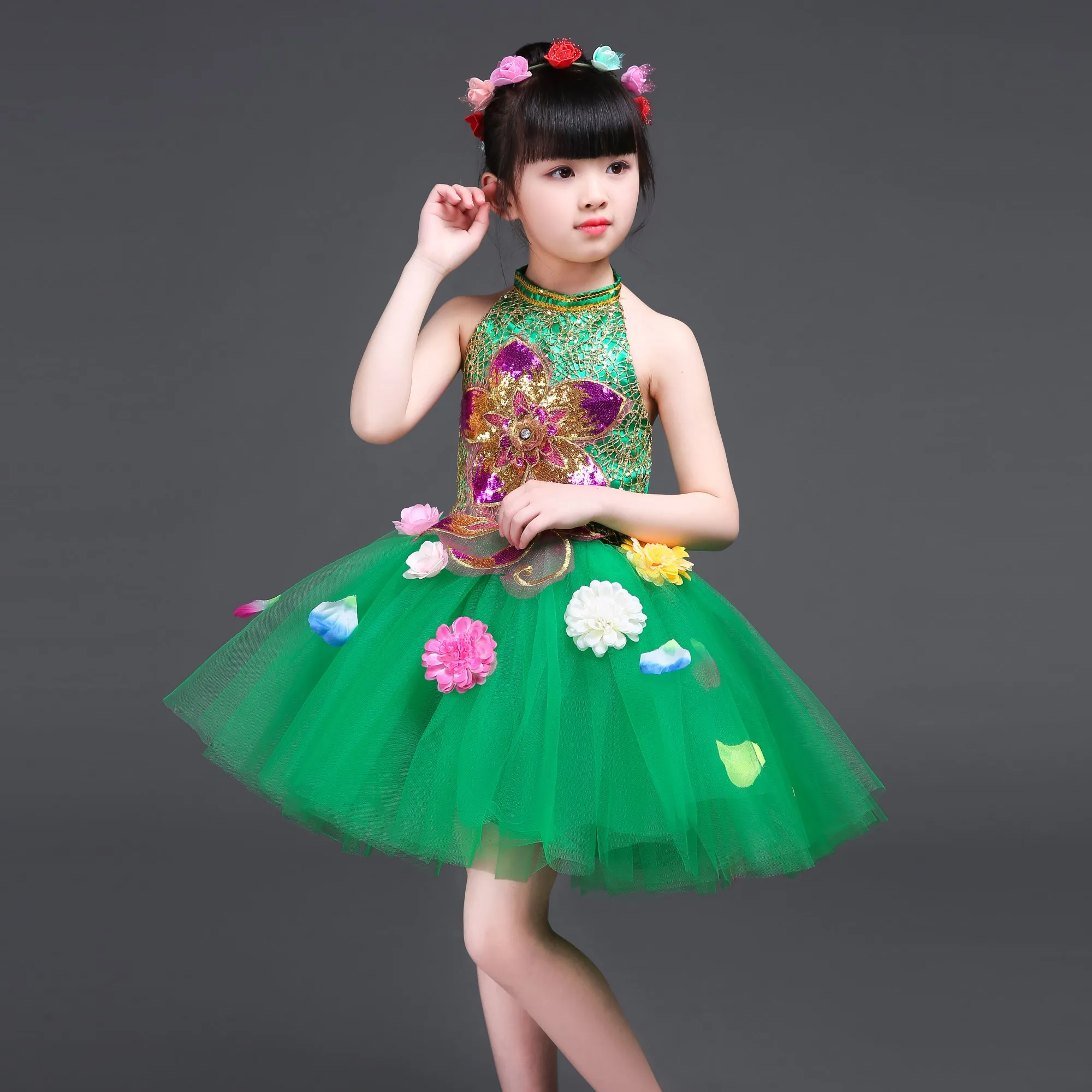 Children Sequin Green Princess Dress Girls Cute Flowers Modern Dance Dress Performance Clothes Kids Jazz Dance Costume