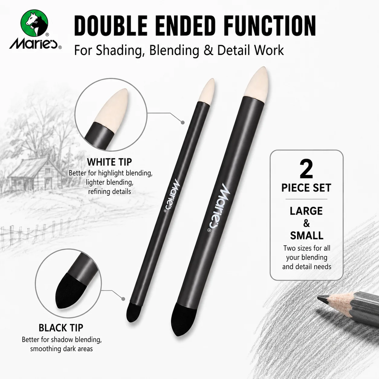 Marie's 2pcs Blending Sponge Pen Dual Tip, Sketch Eraser Drafting Tools for Charcoal, Art Supplies for Artists & Hobbyists