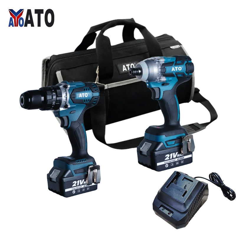 ATO CB2002 Two In One High Power 3.0Ah Fast Charger Brushless Cordless Impact Drill Screwdriver 18V 21V Combo Kit Set