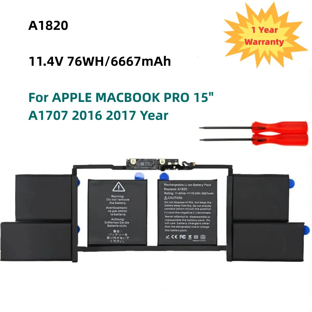 

Новый аккумулятор A1820 для ноутбука APPLE MACBOOK PRO, 15 дюймов, A1707, 2016, 2017, 11,4 в, 76 Вт/ч, 6667 мАч