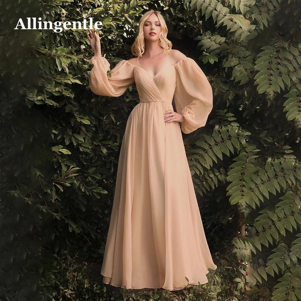 

Allingentle Off Shoulder V-Neck Long Sleeves Evening Dresses A-Line Floor Length Robes De Soirée Elegant Formal Occasion Dresses