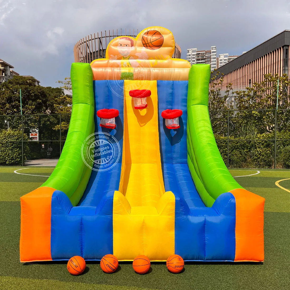 Inflatable Basketball Hoop Game Inflatable Basketball Shot with Triple Lanes 4 Balls, Air Blower, for Birthday Parties,