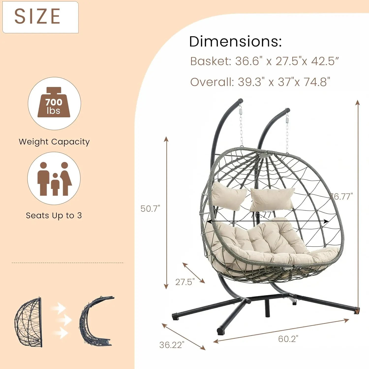 Double Egg Chair Stand Indoor Outdoor Loveseat Wicker Swing Foldable Basket & UV Cushions 700 LBS Patio Garden Beige, Customized