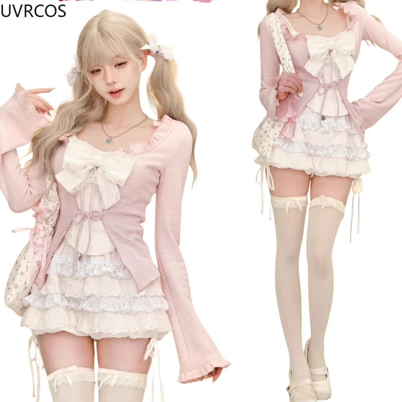 Pink Sweet Lolita Lace Up Ruffles Cardigan+ Sexy Slim Bow Vest Top+ High Waist Kawaii Ruched Skirt Early Autumn Three Piece Sets