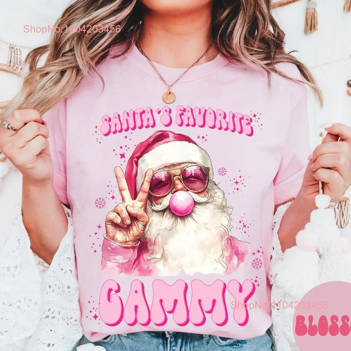 Gammy Christmas T Shirt s Pink Santa Comfort Colors Crewneck Crew Neck Women long or short sleeves