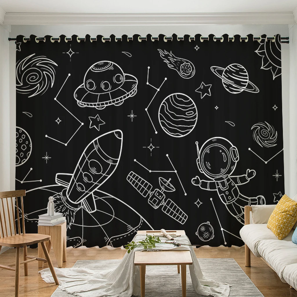 

Children's Bedroom Window Curtains, Black and White, Space Stars, Astronaut Spaceship, Living Room Decor Custom Drapes