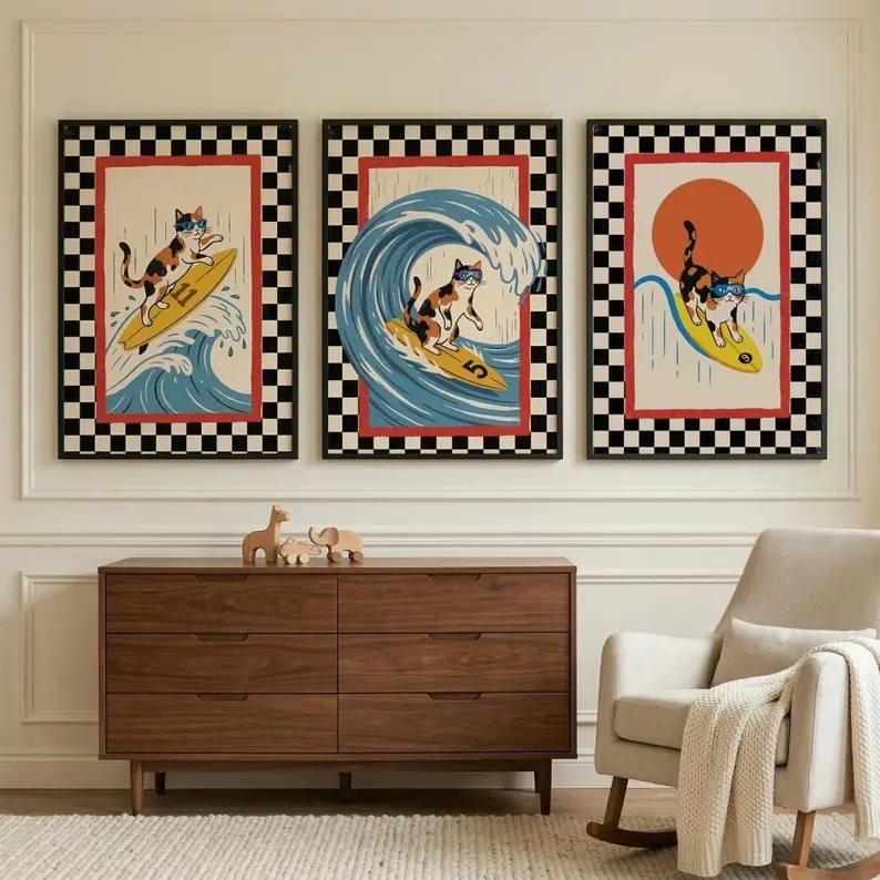 3pcs Retro Japanese Wave Cat SurfingWall Art Print Canvas Painting Poster Picture For Living Room,Bedroom Home Decor - view 2