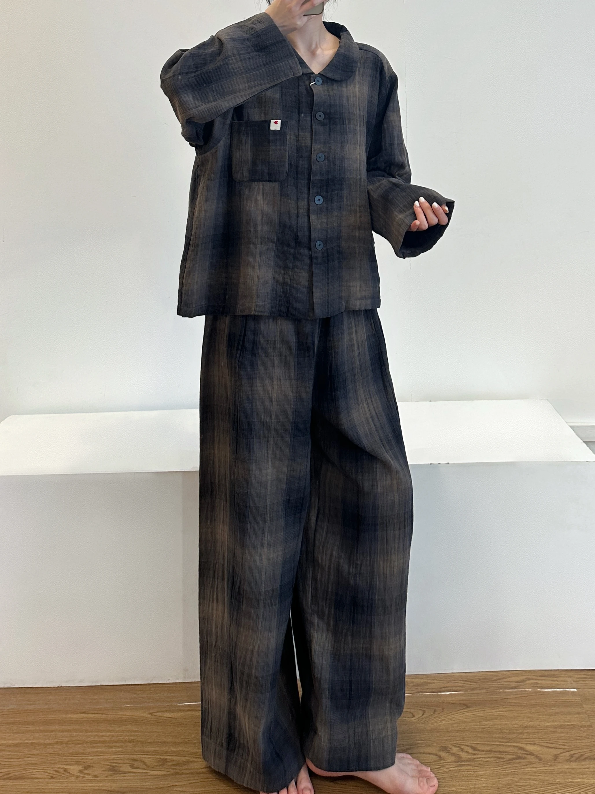 

Retro Sle Korean INS Plaid Cotton Nightgown Women's Loose Long Sve Long Pants Home Clothes Set Comfortable Breathable