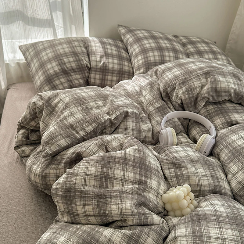 Cozy Double-Layer Lattice Bedding Set Skin-Friendly Breathable Quilt Cover Kit with Sheets Nordic Queen Single Size Bed Linens