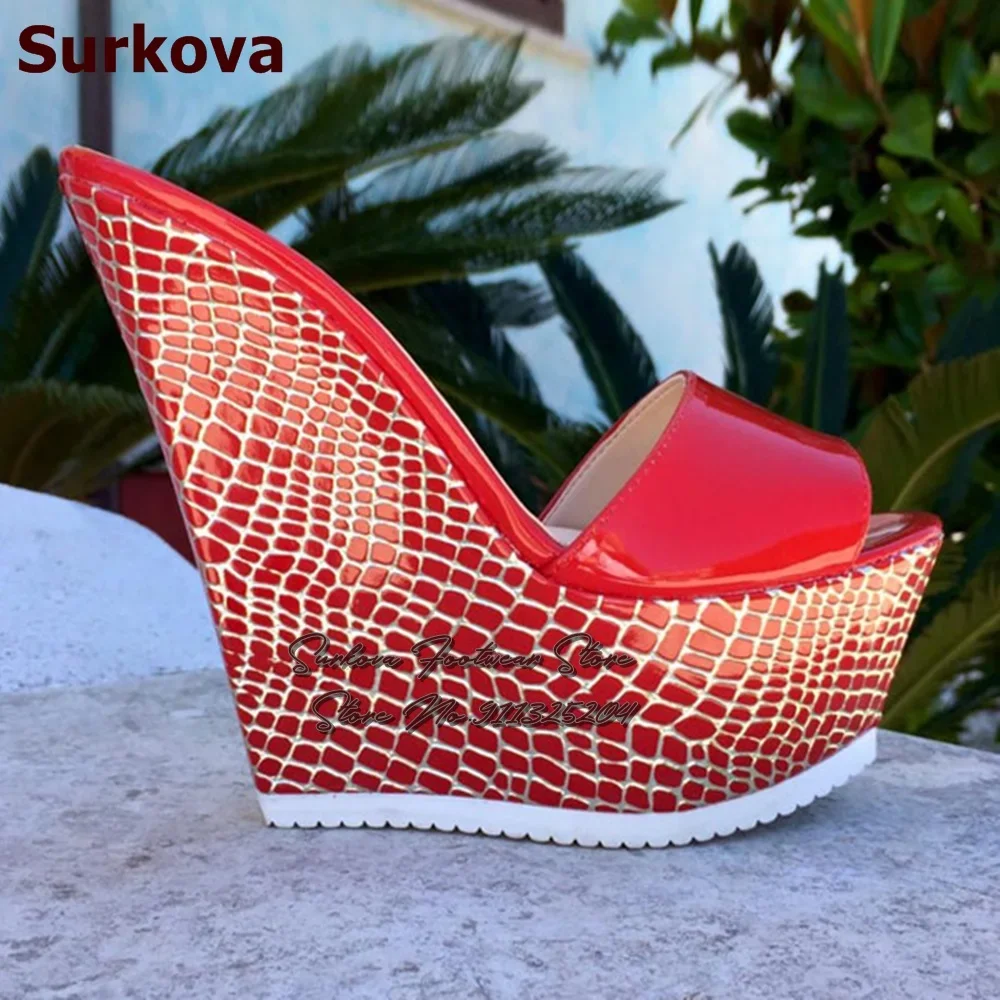 

Surkova Red White Black Snakeskin Wedged Heels Modern Slippers High Platform Slip-On Sandals Open Toe Patchwork Dress Shoes