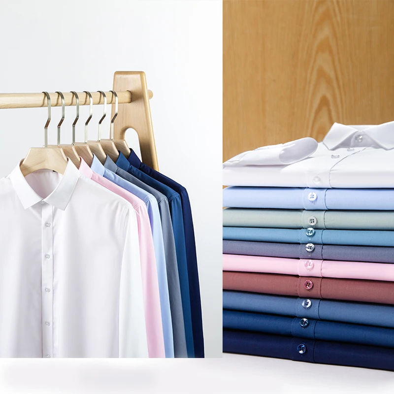 Quality Bamboo Fiber Men\'s Shirts Long Sleeve Anti-Wrinkle Formal Business Slim Fit Camisa Social Office Shirt White Blue Blouse