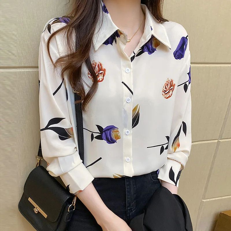 2023 Autumn New Joker Fashion Printed Silk Slim Long Sleeve Lapel Blouse Rarf Women Blouses Summer Short Top Fugees Shirt Tops &