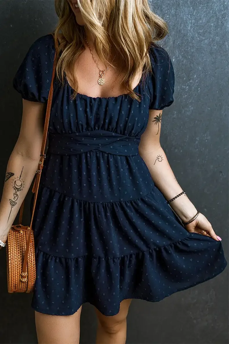 Fashion Spring  New Lace-up Waist Short-sleeved Dress Is A Cross-border Fashion Jacquard and Knee-length Women Skirt