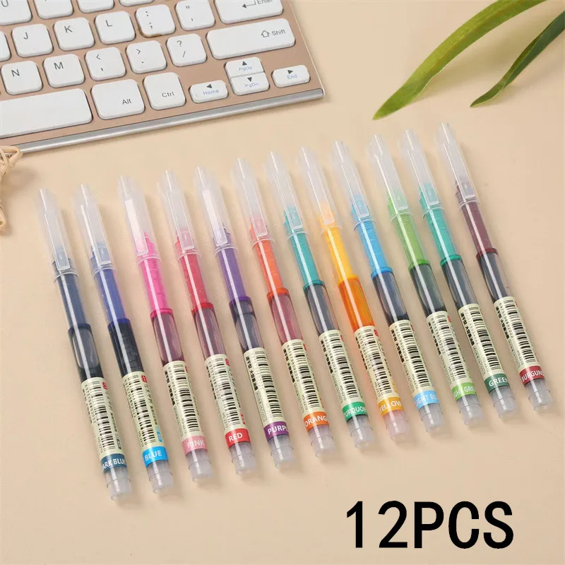 

12 Colors Straight Liquid Gel Pen Quick-drying Large-capacity Colorful Gel Pens 0.5mm Rollerball Pens School Office Stationery