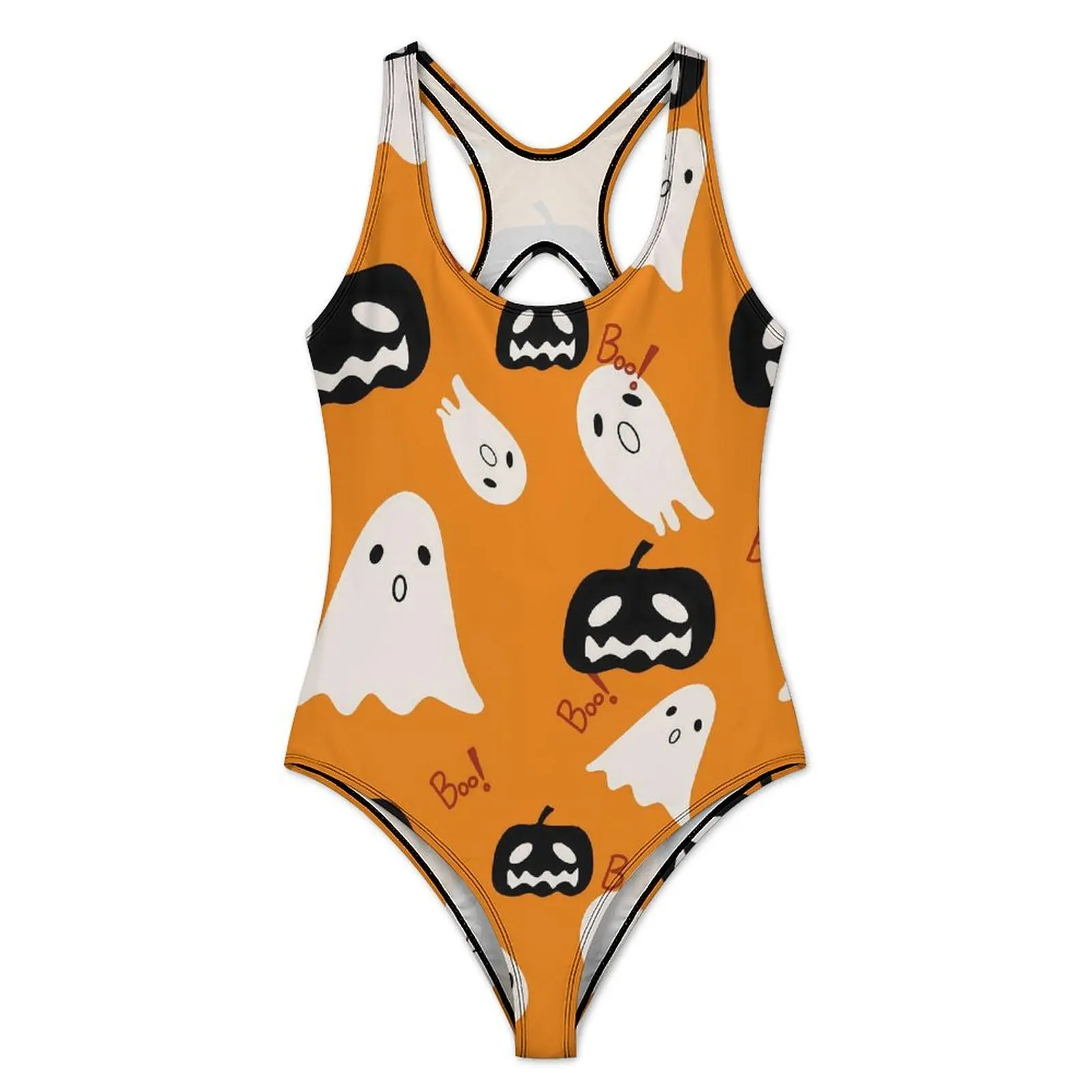 Happy Haunts Swimsuit Halloween Pumpkin Ghost One-Piece Swimwear Push Up Stylish Bathing Suit Sexy Sport Graphic Beach Wear