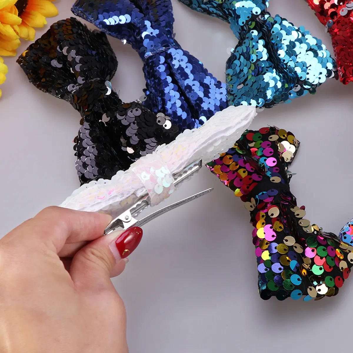 16Pcs Shining Bowknot Hairpin Bright Hair Clip Mixed Colors White Red Blue Black Blue for Daily Party Dance