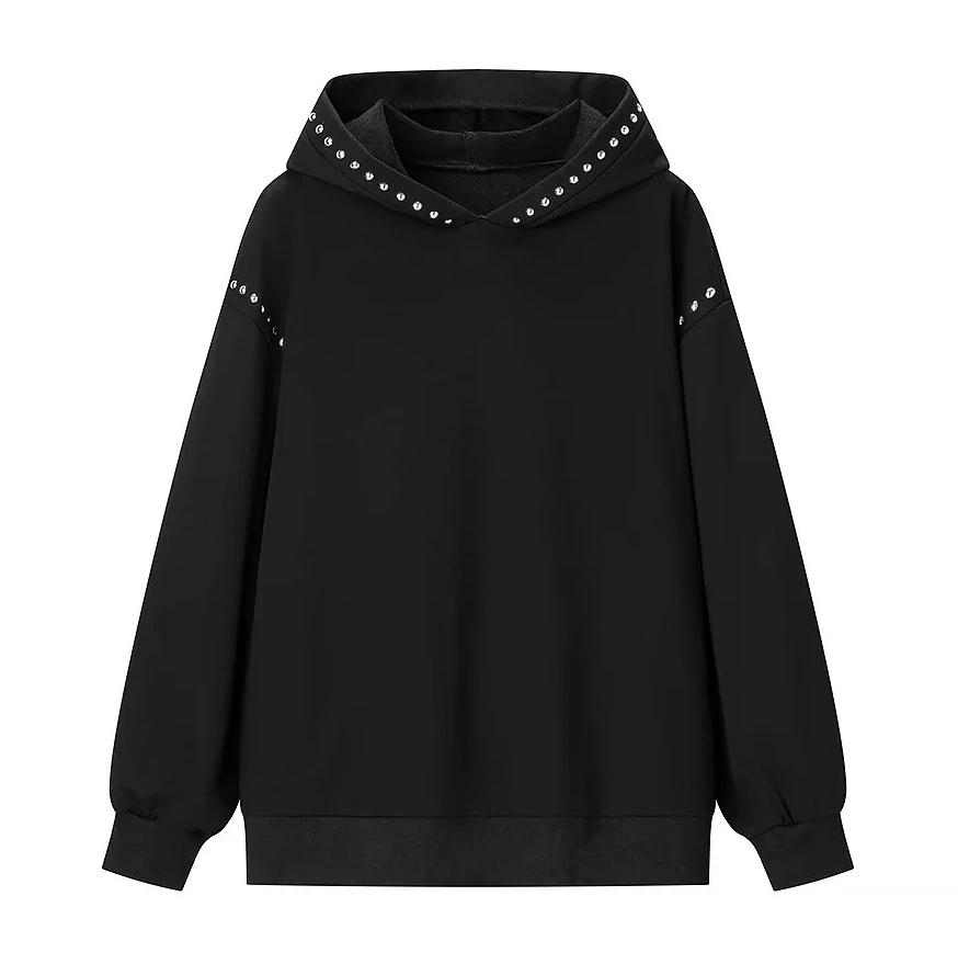

Женская модная повседневная толстовка с капюшоном, свободный пуловер с длинными рукавами, элегантный однотонный свитшот с заклепками для женщин