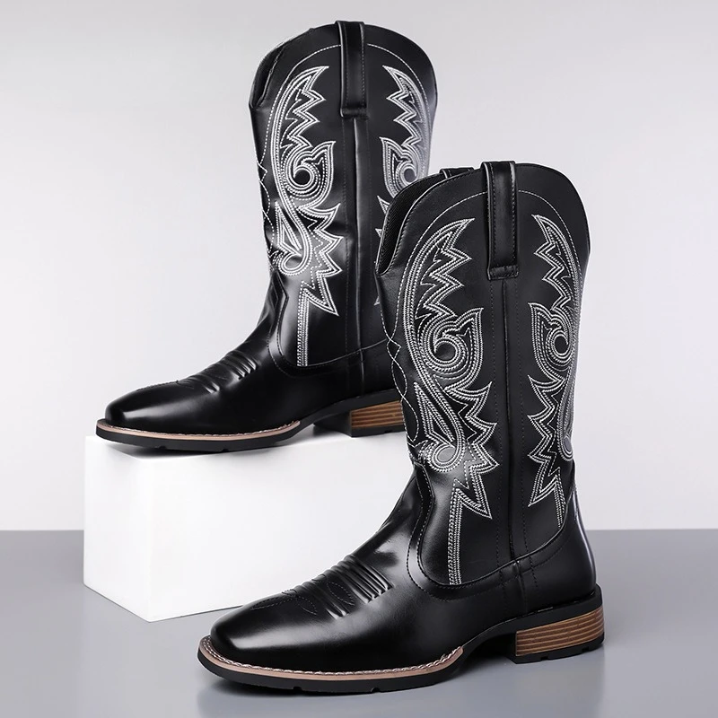 Men's Boots Classic Square Head Embroidery Western Cowboy Boots Fashion Motorcycle Boots for Men Knight Boot Botas Para Hombre