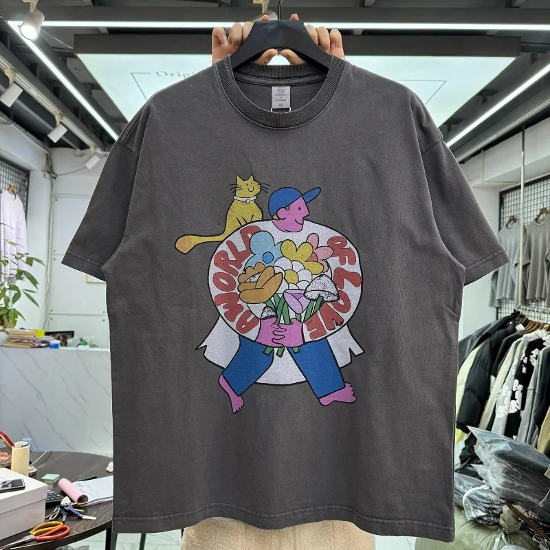 

Футболка с забавным принтом в американском мультяшном стиле, винтажная, свободного кроя, унисекс, с эффектом потертости, трендовая