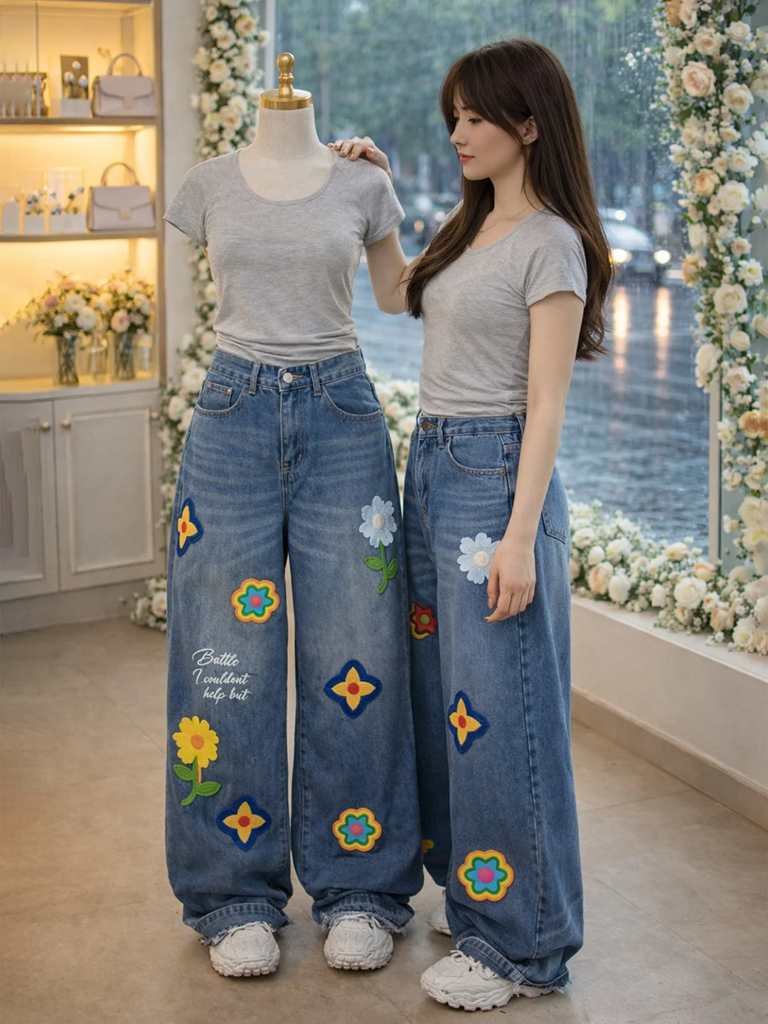 

plus Size American Retro Floral Embroidery Jeans Women Loose Straight Leg Wide Leg Pants Breathable Comfortable High Waist