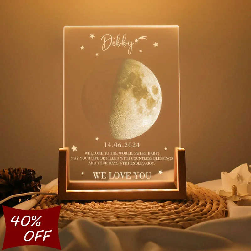 Luz nocturna de fase lunar personalizada - El día que nos encontramos - Regalo romántico para parejas - Decoración única de aniversario/aldo de la luna de San Valentín
