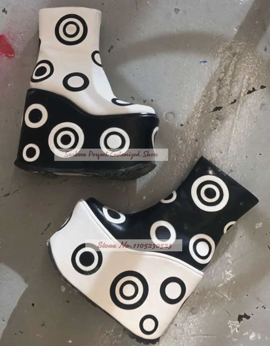 Festival Wedge Platform Ankle Boots Black White Circle Graphic Print Booties Side Zip Punk Club Party Cosplay Shoes
