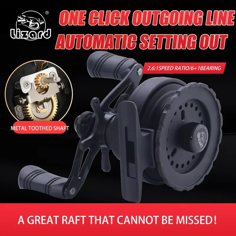 Lizard all black raft Fishing reel 6 + 1BB and 2.6:1 speed ratio with Rubber knob Can automatically outlet the line