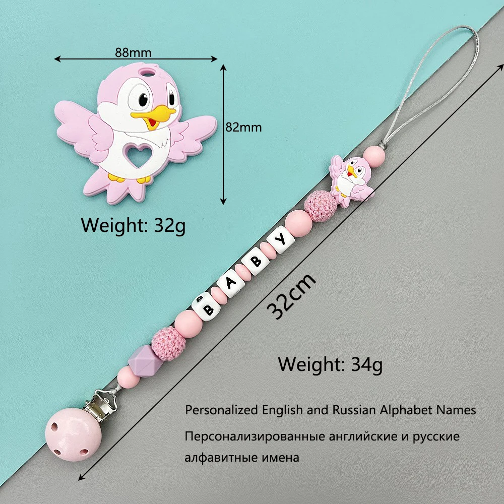 Personalized English Russian Alphabet Names Baby Clips Bird Pacifier Holder Chains Teether Pendants Baby Accessories Kawaii Gift