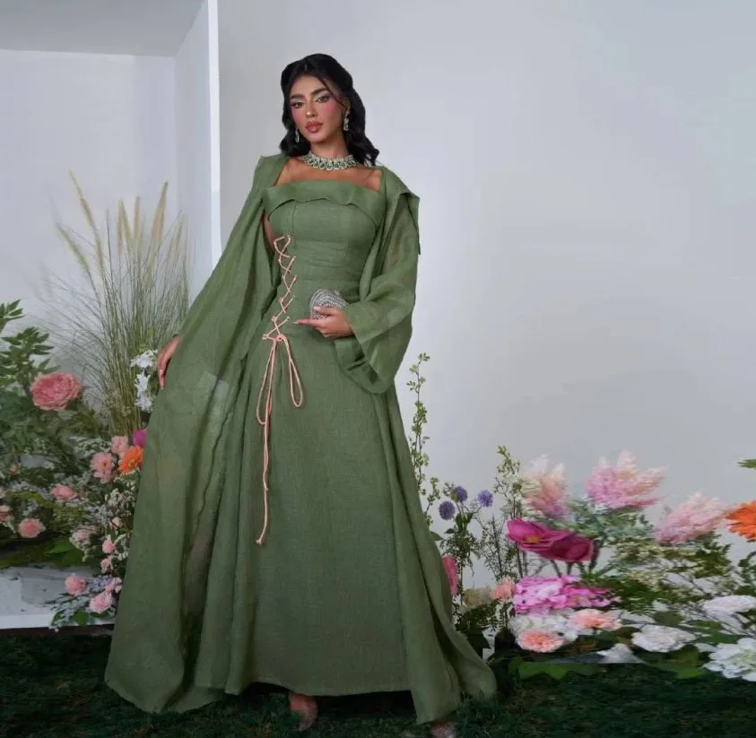 Customized Modest Olive Dresses wih Jacket Strapless Front Side Tie Casual Dress for Women 2 Pieces Wedding Guest Outfits