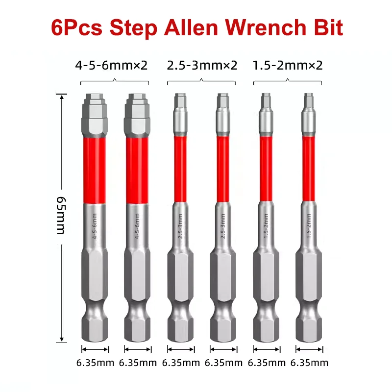 

Step Allen Wrench Drill Bits 65mm Metric Step Hex Bit Set 1/4 Inch Hex Shank Magnetic Hex Key Screwdriver Bit